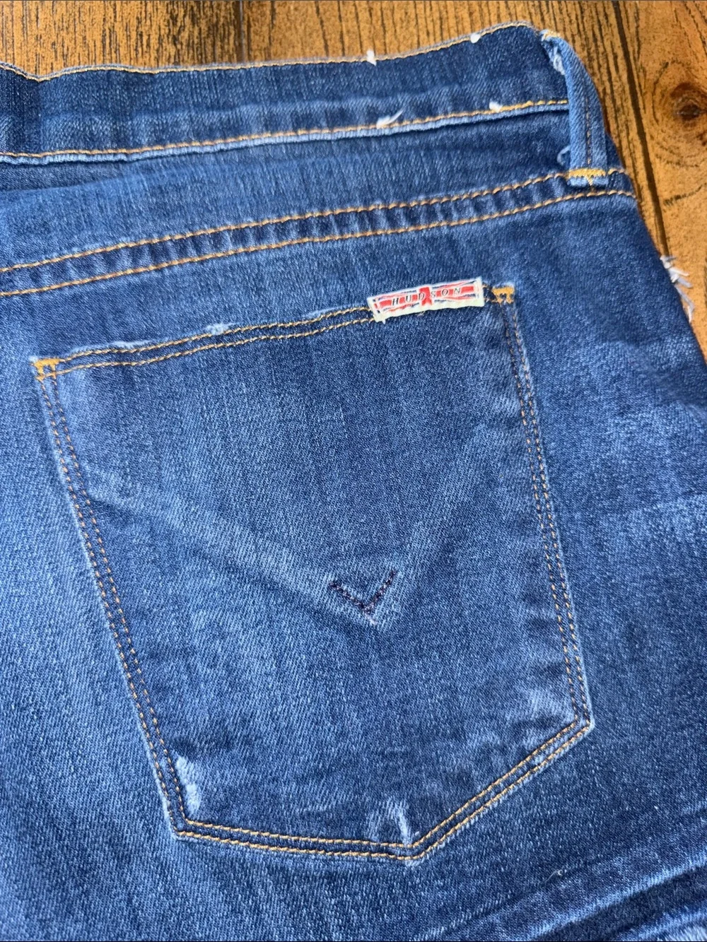 Hudson Jeans Amber Raw Edge Distressed Dark Blue Denim Cutoff Shorts